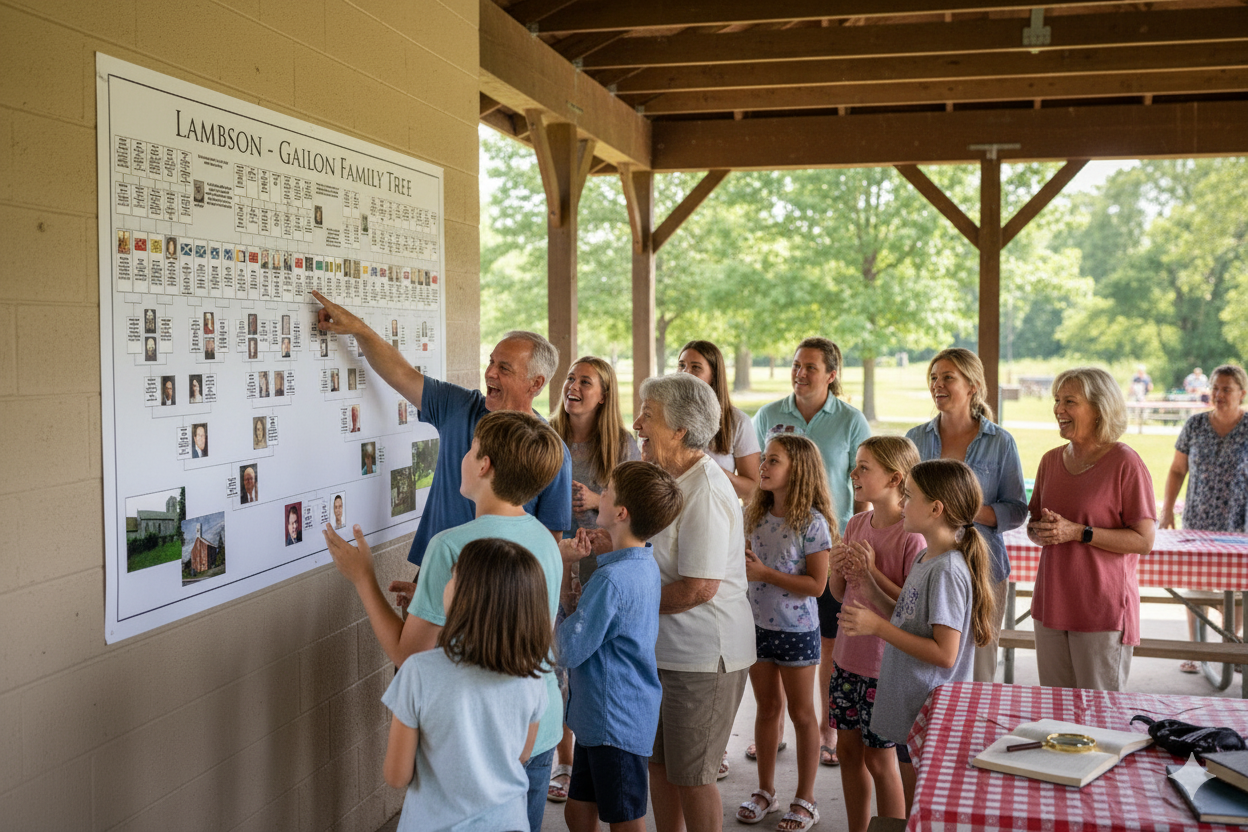 Multiple generations of a family gathered around a large family tree chart at a reunion, pointing and sharing stories together.