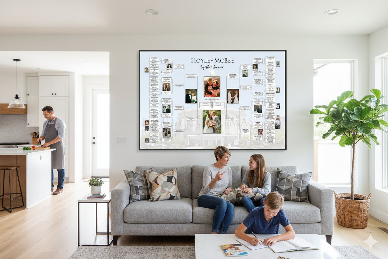 A family in a living room gathered around a large custom family tree chart on the wall, sparking conversation across generations.