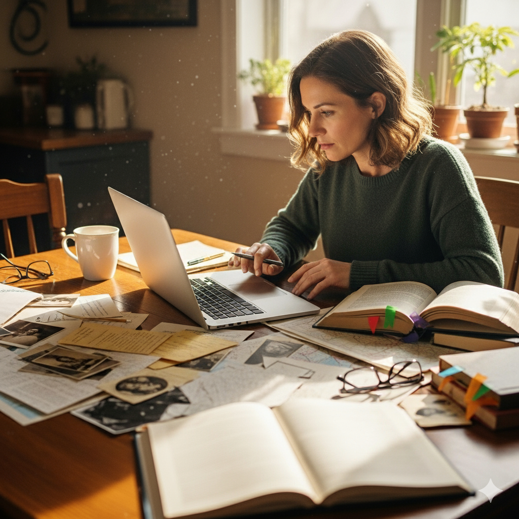 Woman researching family history on a laptop at a kitchen table surrounded by old photos, notebooks, and genealogy records.