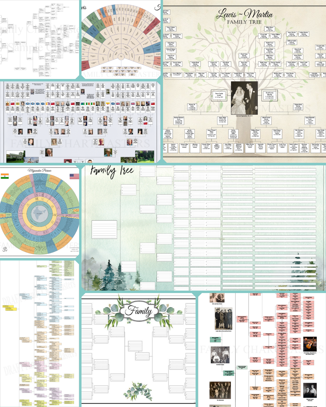 Collage of genealogy charts