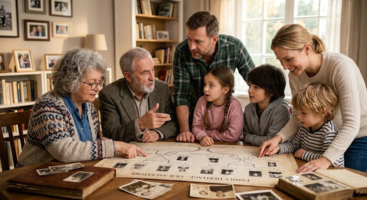 Family surrounds a family history chart to teach children about their heritage