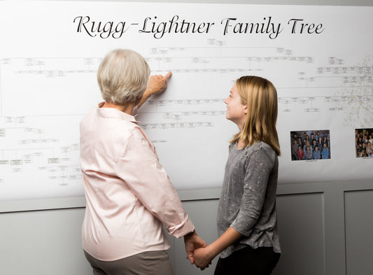 Grandma and granddaughter look at a genealogy chart